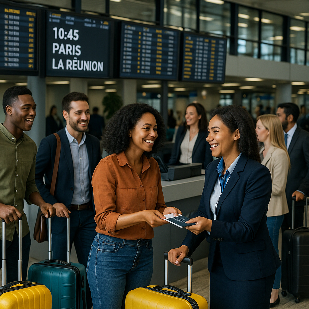Des passagers au comptoir d'enregistrement d'aéroport pour un vol vers La Réunion.