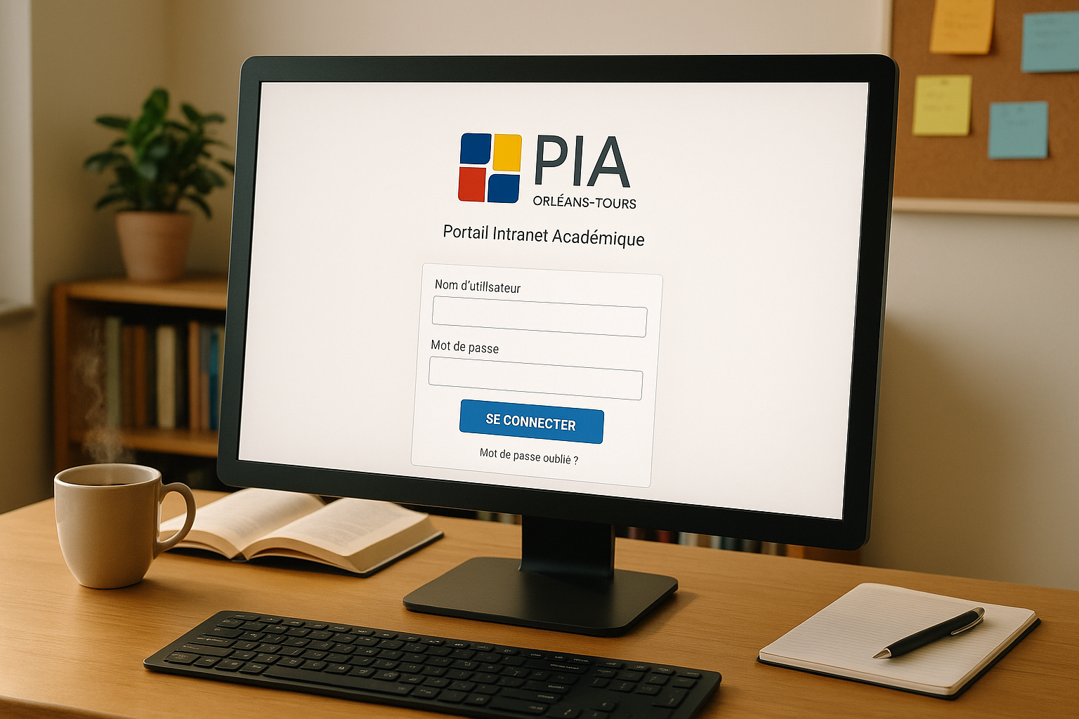 Écran d'ordinateur montrant la page de connexion du PIA Orléans-Tours avec un environnement de bureau studieux.