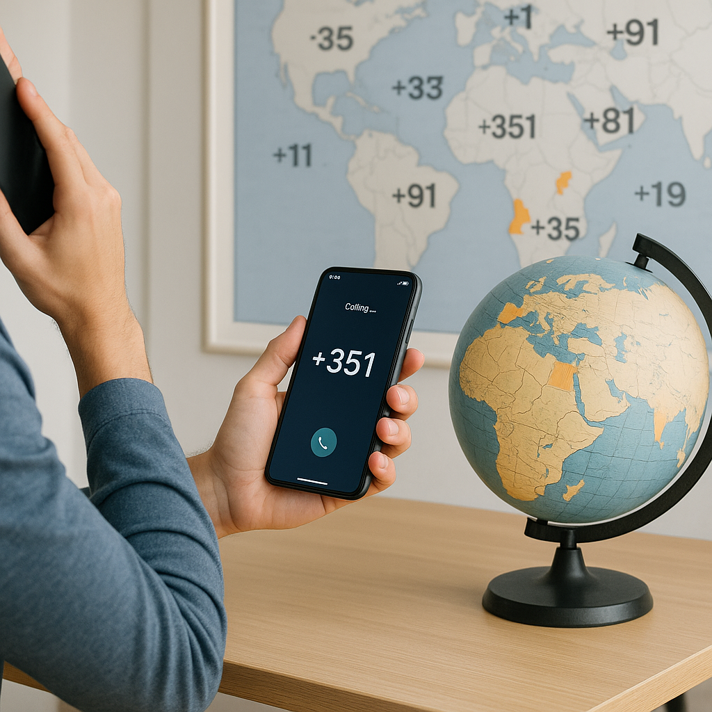 Une personne utilisant un smartphone pour appeler le Portugal, avec un globe terrestre et une carte des indicatifs en arrière-plan.