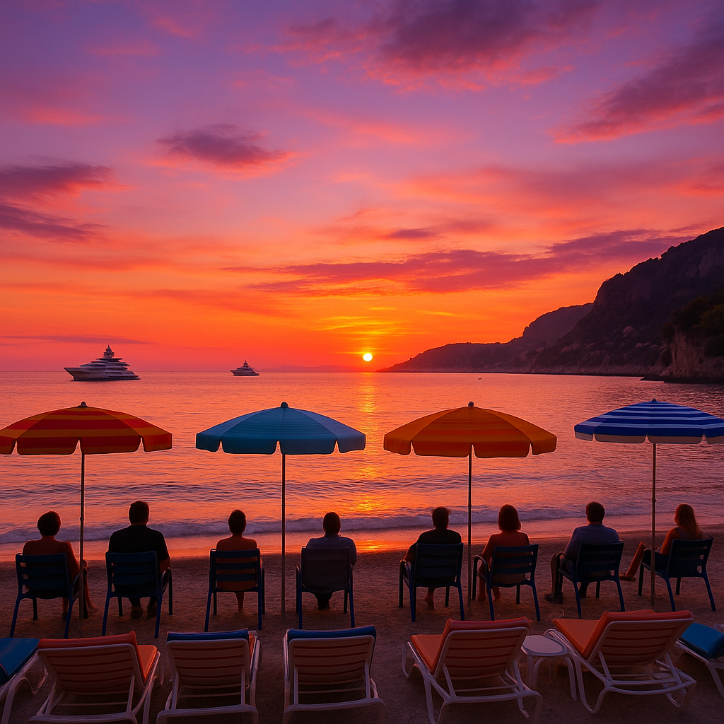 Coucher de soleil sur une plage de la Côte d'Azur avec des personnes et des yachts.