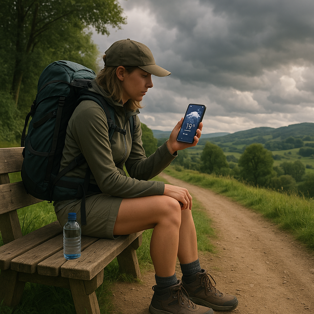 Randonneuse vérifiant la météo sur son portable sur le chemin de Compostelle, assise sur un banc en bois.