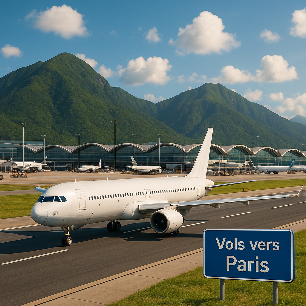 Avion de ligne prêt à décoller de l'aéroport de Hong Kong avec panneau d'information vers Paris.