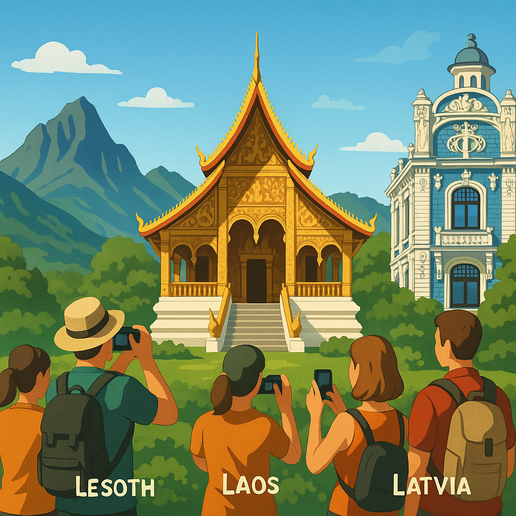 Groupe de voyageurs prenant des photos devant des monuments emblématiques de pays commençant par la lettre L.