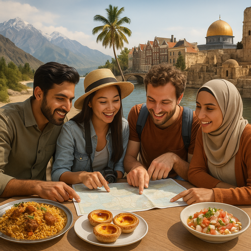 Voyageurs découvrant les richesses culturelles des pays en P