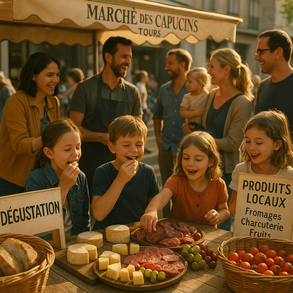 Dégustation de produits locaux au Marché des Capucins à Tours avec des familles et des enfants
