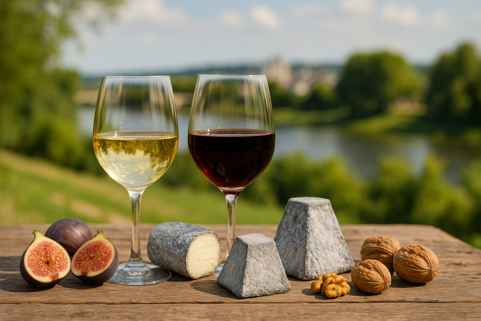 Wine and cheese tasting from Touraine on rustic table