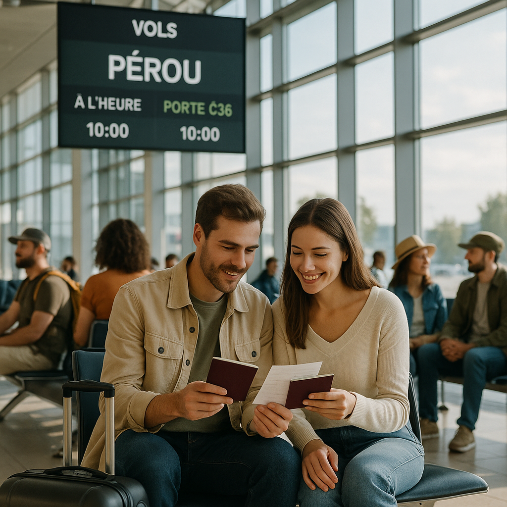 Scène d'aéroport avec des voyageurs examinant des documents de voyage pour un séjour au Pérou.