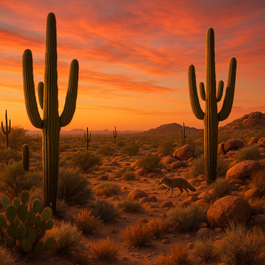 Paysage du désert de Sonora avec des cactus saguaro, un coucher de soleil et un coyote.