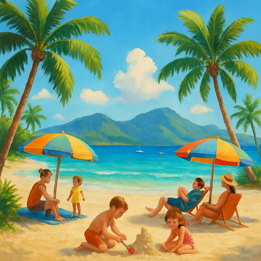 Familles profitant d'une plage tropicale en octobre, avec des montagnes et un océan turquoise en arrière-plan.