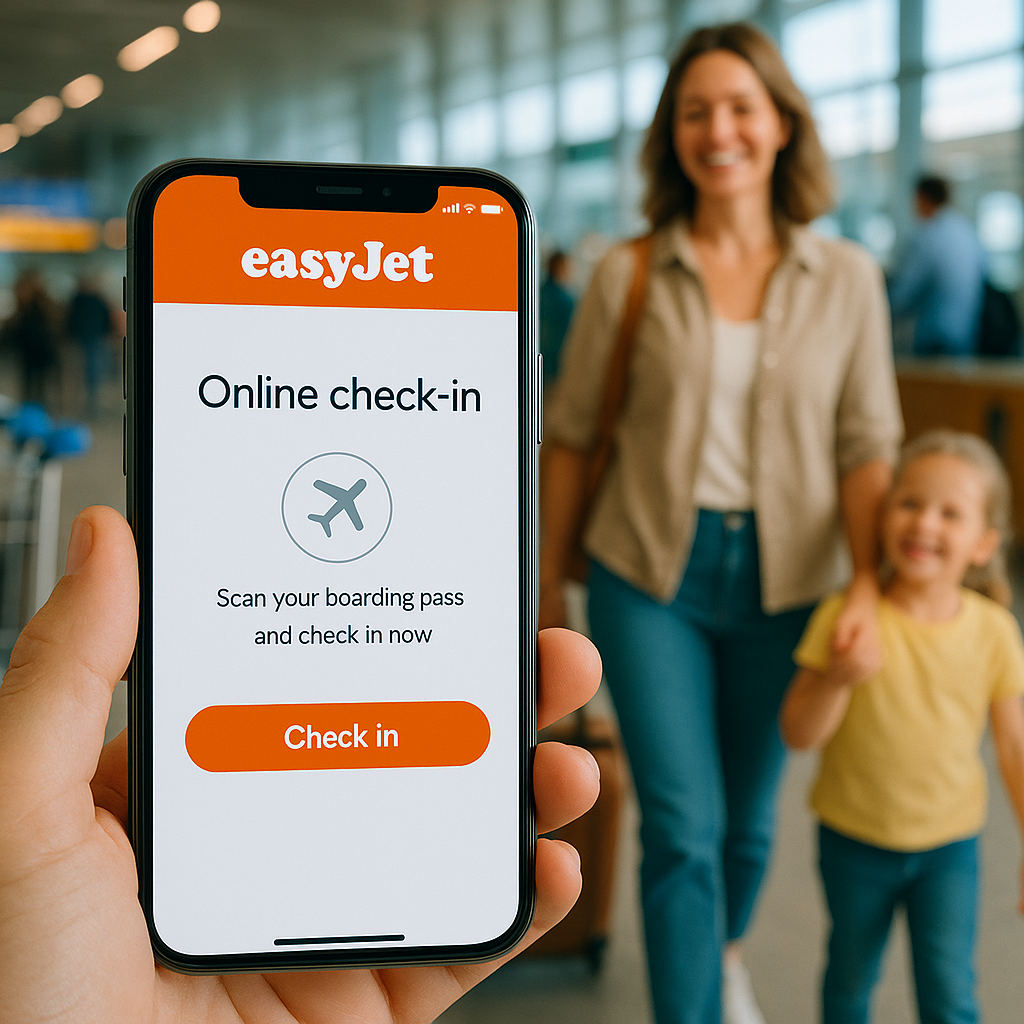 Détails de l'application EasyJet pour l'enregistrement en ligne avec des passagers à l'aéroport en arrière-plan.