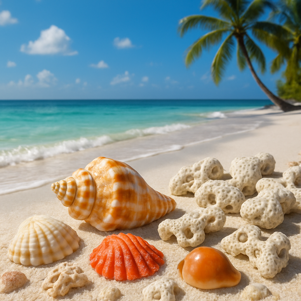 Détail d'une plage avec du sable fin, coquillages et eau turquoise