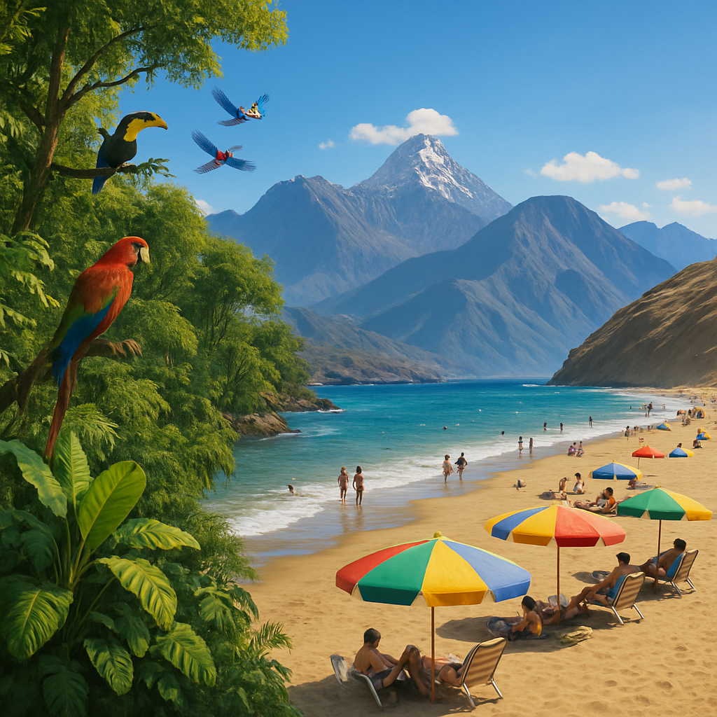 Paysages diversifiés du Pérou incluant plage, Andes et jungle amazonienne.