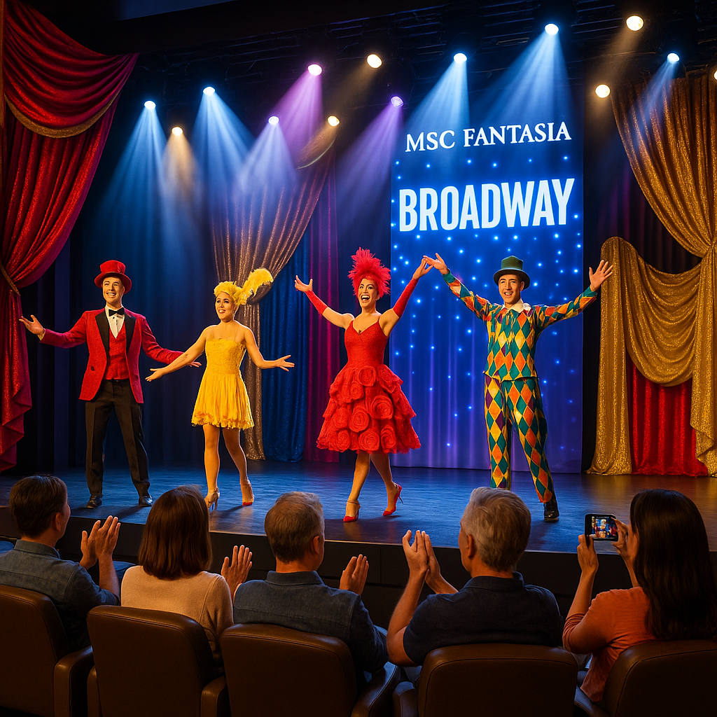 Centre de divertissement du MSC Fantasia avec des artistes en spectacle et des passagers profitant d'une soirée animée.