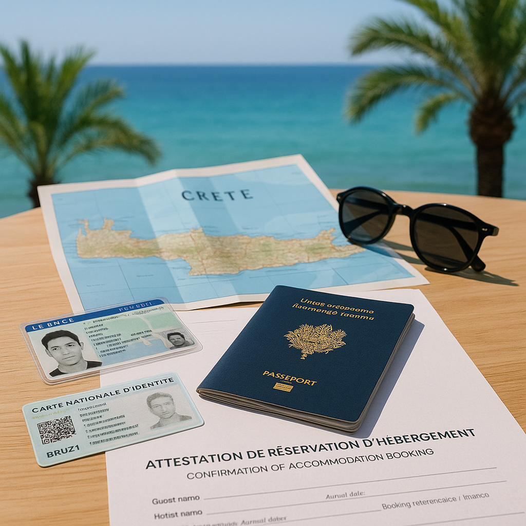 Table avec documents de voyage pour la Crète avec vue sur la mer