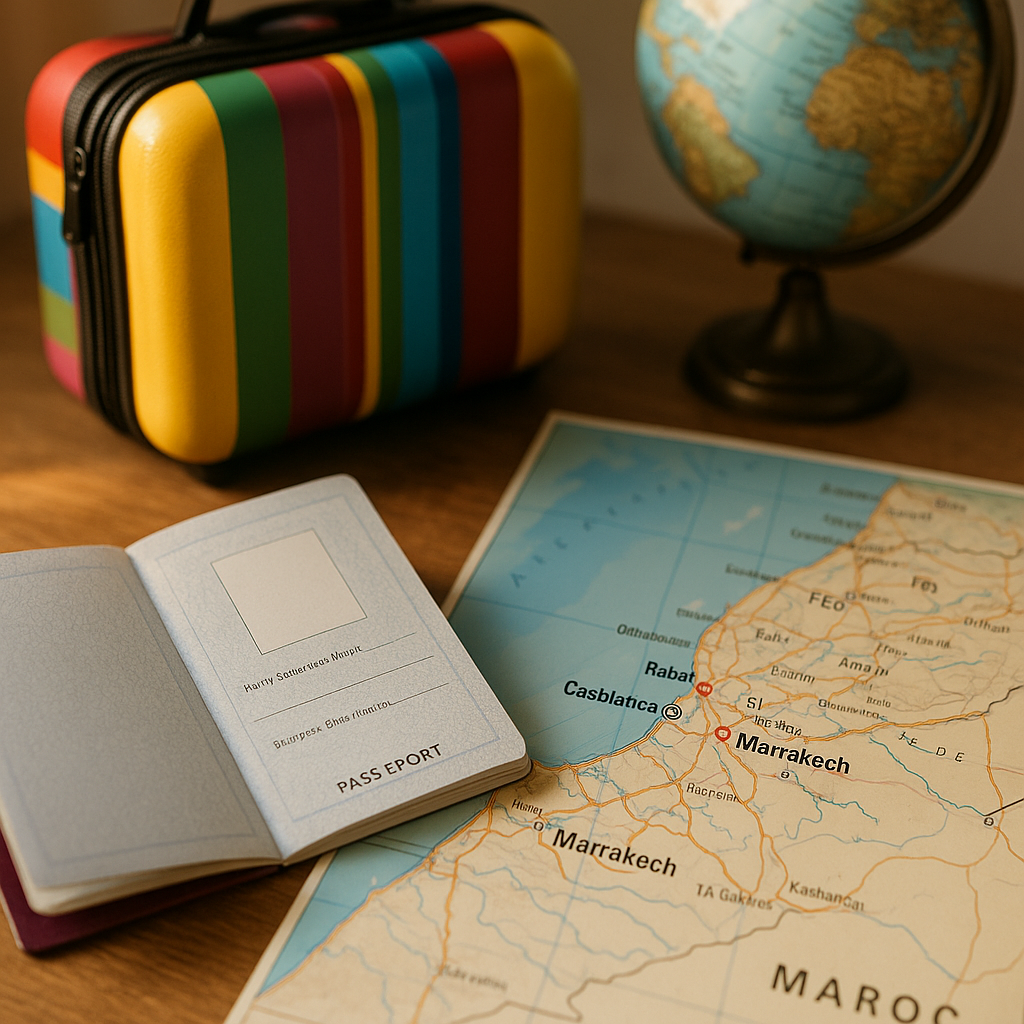 Passeport ouvert sur une table avec une valise et une carte du Maroc.