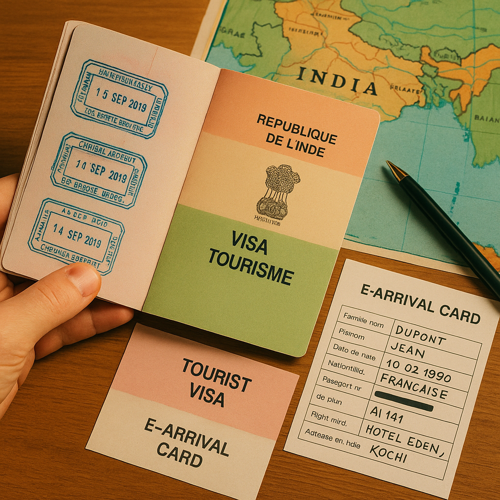 Passeport ouvert avec tampons, visa touristique et E-Arrival Card sur une table en bois.