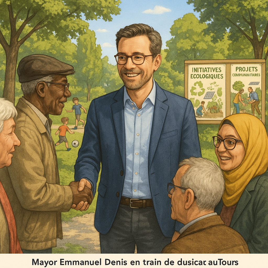 Emmanuel Denis discutant avec des citoyens dans un parc à Tours, illustrant son engagement communautaire.