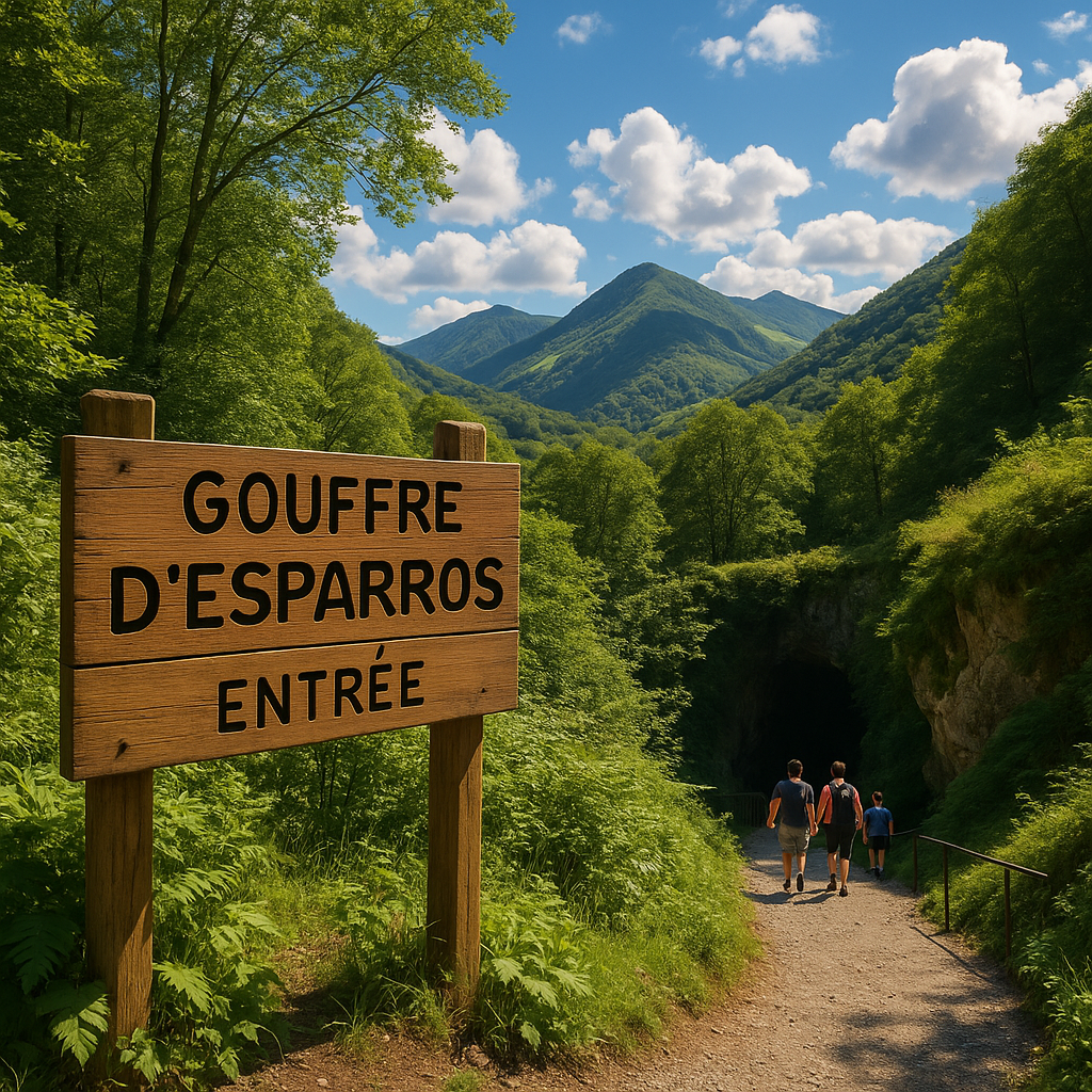Scène à l'entrée du Gouffre d'Esparros avec un panneau d'information en bois.