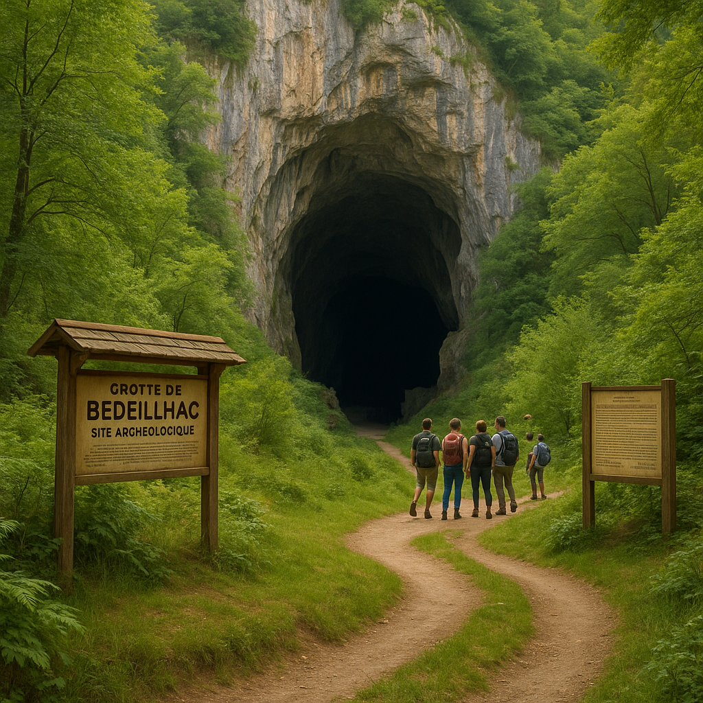 Entrée de la Grotte de Bédeilhac avec des visiteurs et des panneaux d'information en végétation verdoyante.