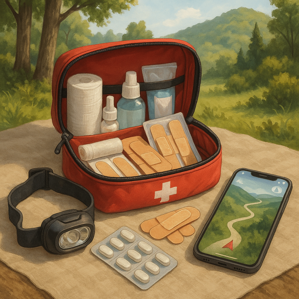 Trousse de secours ouverte avec du matériel de randonnée sur le chemin de Compostelle, entourée de paysages naturels.