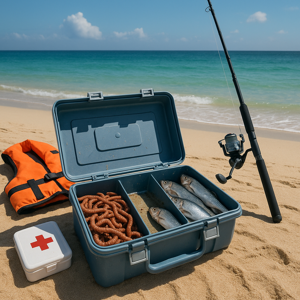 Équipement de pêche sur la plage de Stanget au Danemark, incluant appâts et canne à pêche.