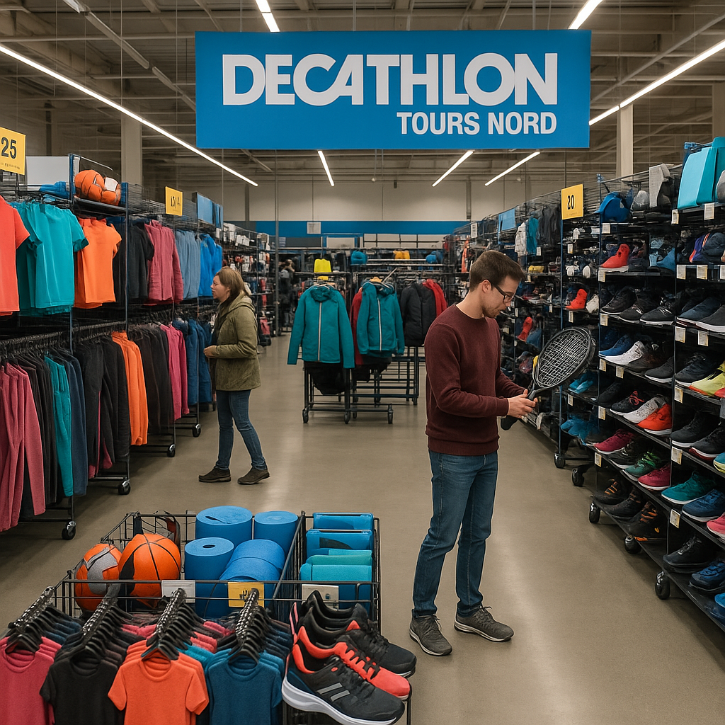 Rayons d'équipements sportifs dans le magasin Decathlon Tours Nord avec clients examinant les produits.