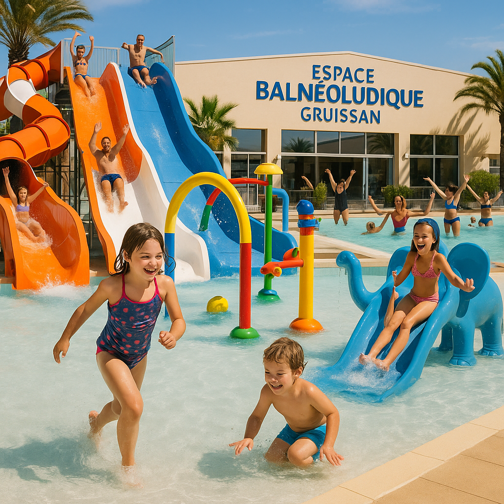 Familles s'amusant dans le parc aquatique de l'Espace Balnéoludique à Gruissan, toboggans et activités aquatiques.
