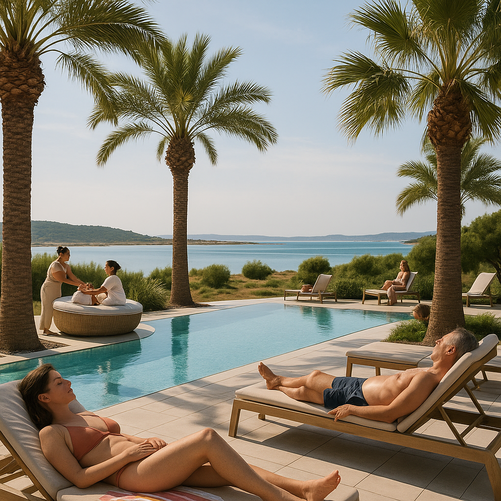 Visiteurs se relaxant dans l'Espace Balnéoludique à Gruissan, près de la piscine et sous les palmiers, vue paisible sur la Méditerranée.