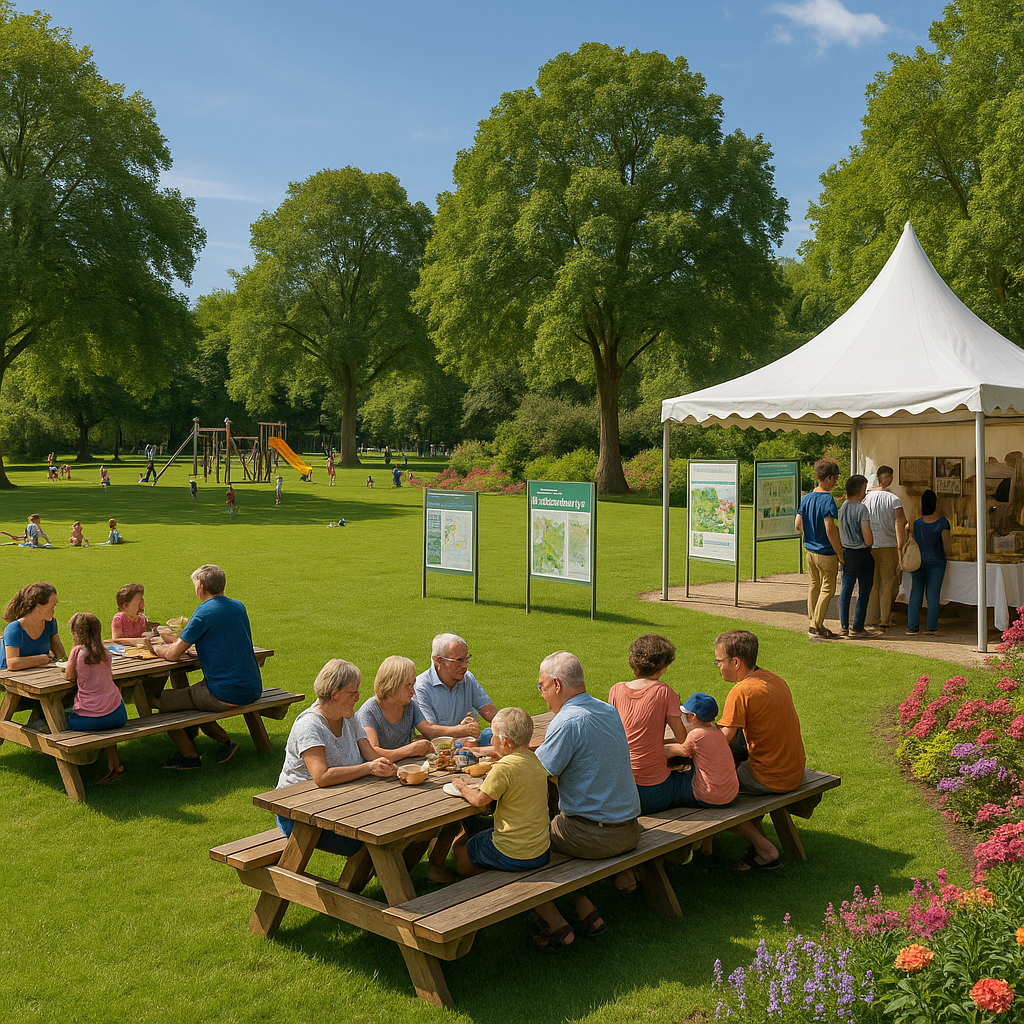 Vue du parc de la Maourine avec des familles réunies autour de tables de pique-nique et des enfants jouant.