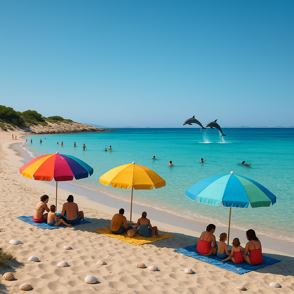 Plage Es Racò de S’Alga à Espalmador, montrant du sable fin, des eaux cristallines, des parasols et des silhouettes jouant dans l'eau.
