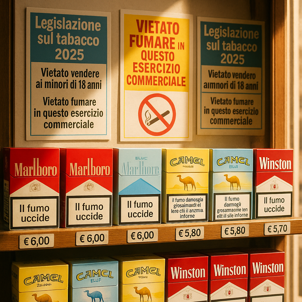 Étagère d'une boutique de tabac en Italie avec divers paquets de cigarettes et affiches sur la législation du tabac.