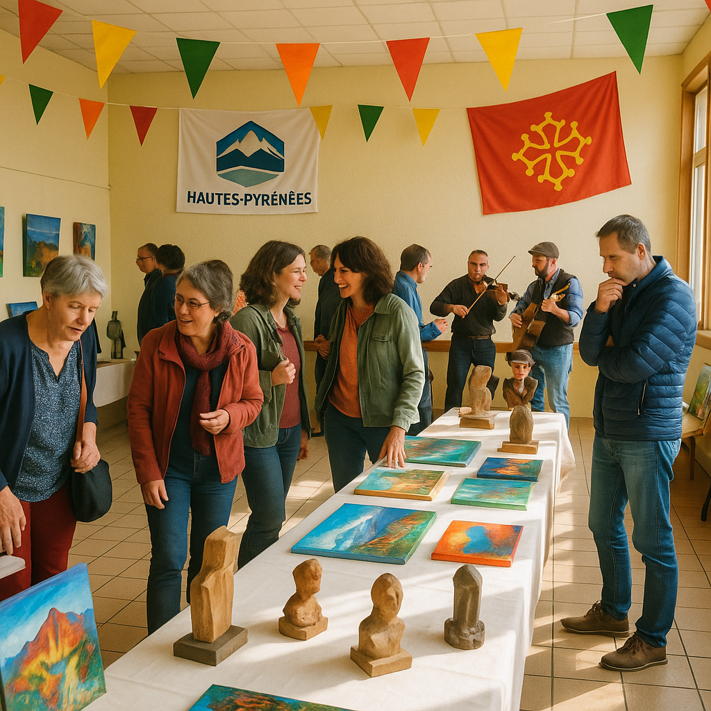 Scène d'une exposition culturelle avec des stands d'art et des visiteurs admirant les œuvres dans une salle des Hautes-Pyrénées.