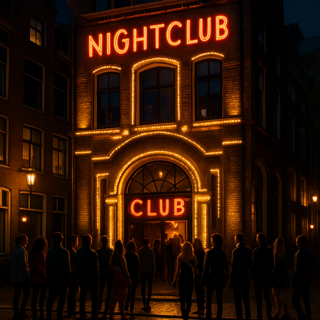 L'extérieur d'une boîte de nuit à Amsterdam avec une entrée lumineuse et des personnes attendant pour entrer.