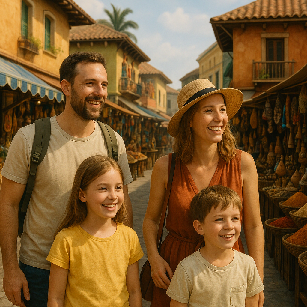 Une famille souriante devant un marché local coloré, entourée de produits exotiques, symbolisant l'aventure culturelle lors de voyages inconnus.