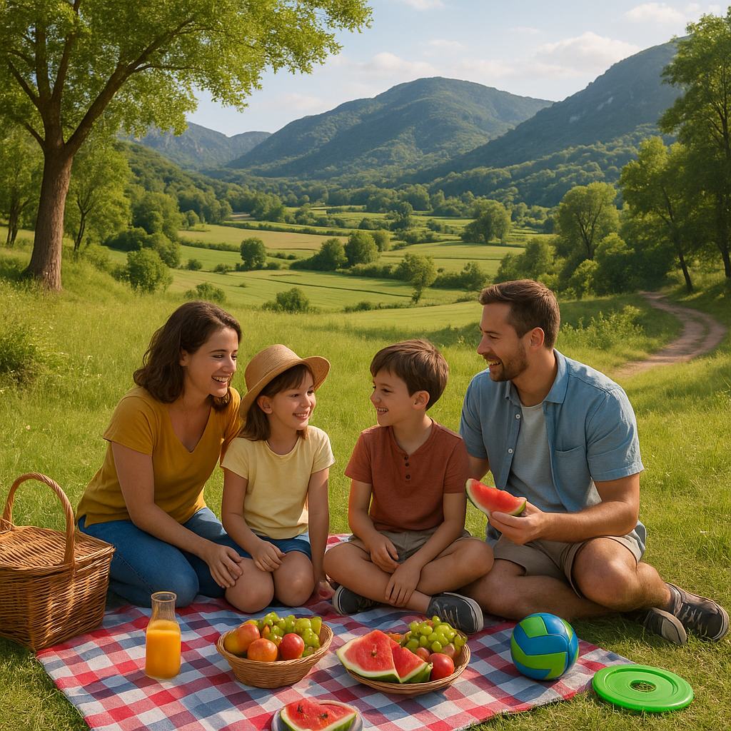Une famille profitant d'un pique-nique dans la nature à Mons-la-Trivalle, entourée de paysages verdoyants et de collines.