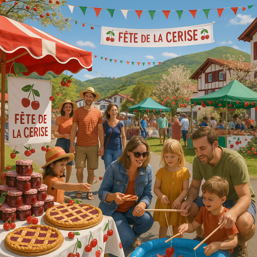 Fête de la cerise à Itxassou, avec des stands colorés et des visiteurs souriants.