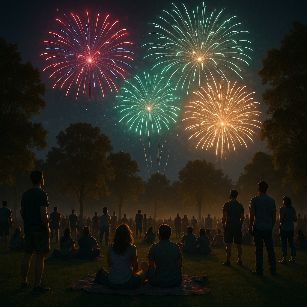 Des spectateurs admirant des feux d'artifice colorés Illuminant le ciel dans un parc.
