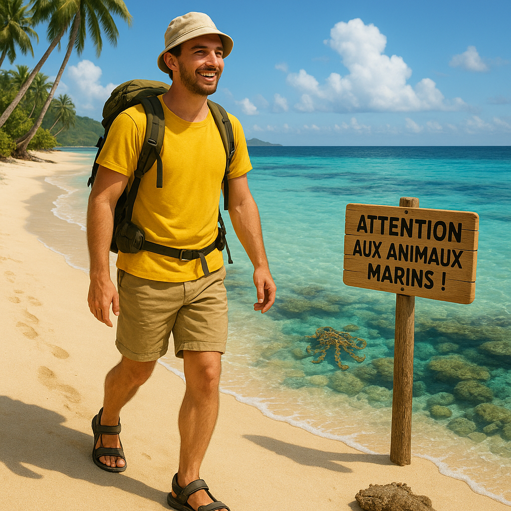 Homme marchant sur une plage des Fidji, faisant attention aux dangers marins avec une pieuvre à anneaux bleus et un poisson-pierre en arrière-plan.