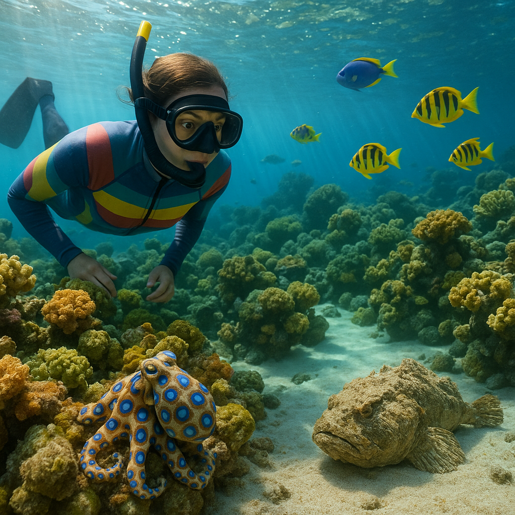 Plongeur en apnée dans les récifs coralliens des Fidji, observant une pieuvre à anneaux bleus et un poisson-pierre.