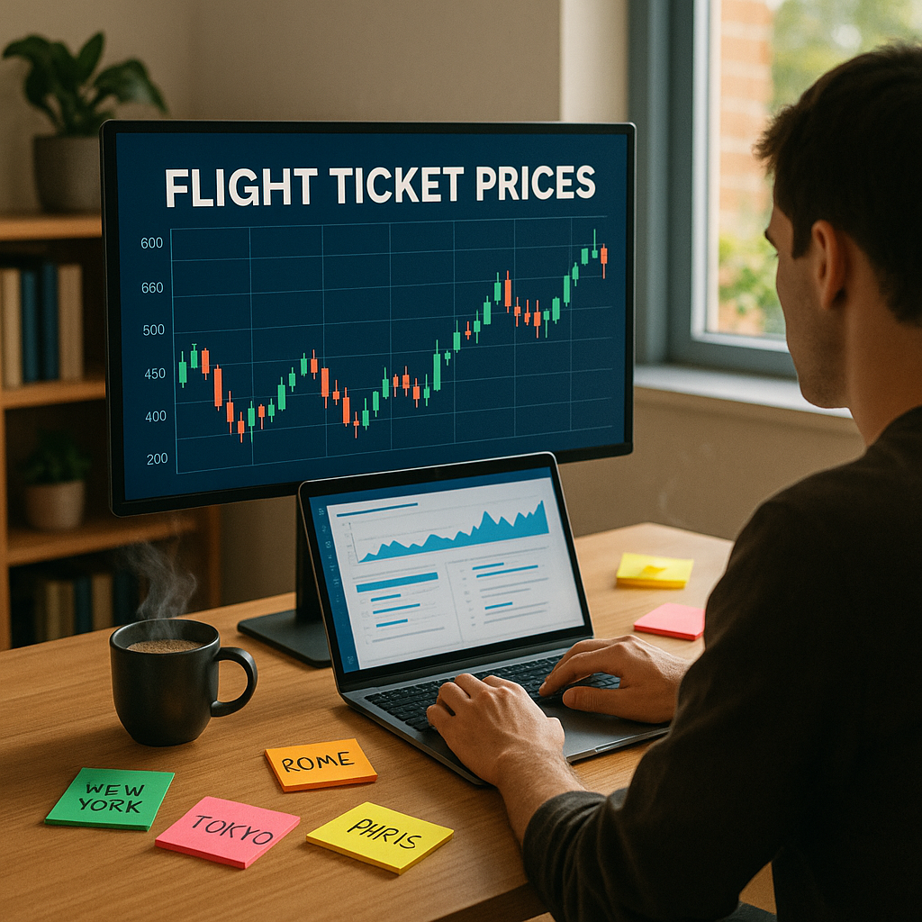 Une personne travaillant sur son ordinateur à domicile pour comparer les prix des billets d'avion.