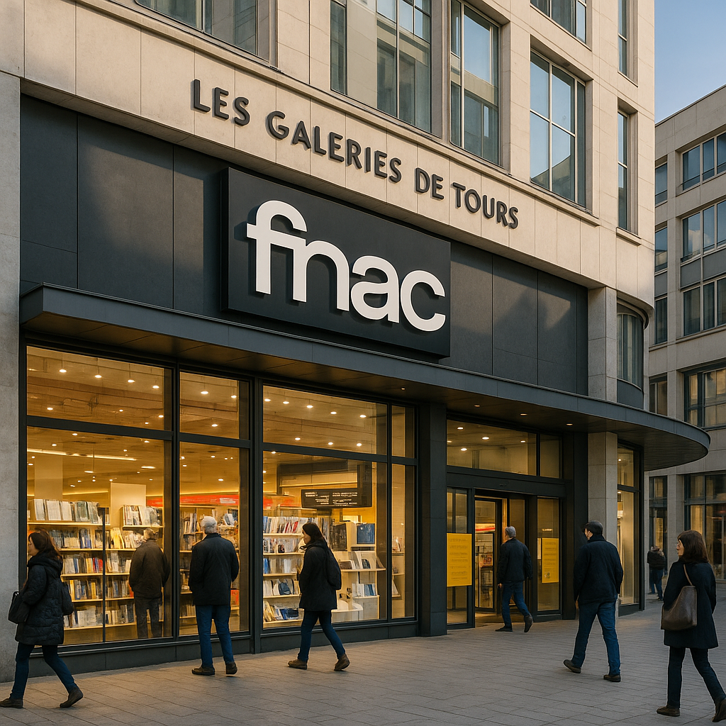 Façade de la Fnac Tours avec vitrines illuminées et passants devant le centre commercial Les Galeries.