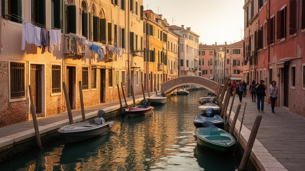 Fondamenta paisible à Venise avec canal, façades pastel, pont de pierre et voyageurs vus de loin.