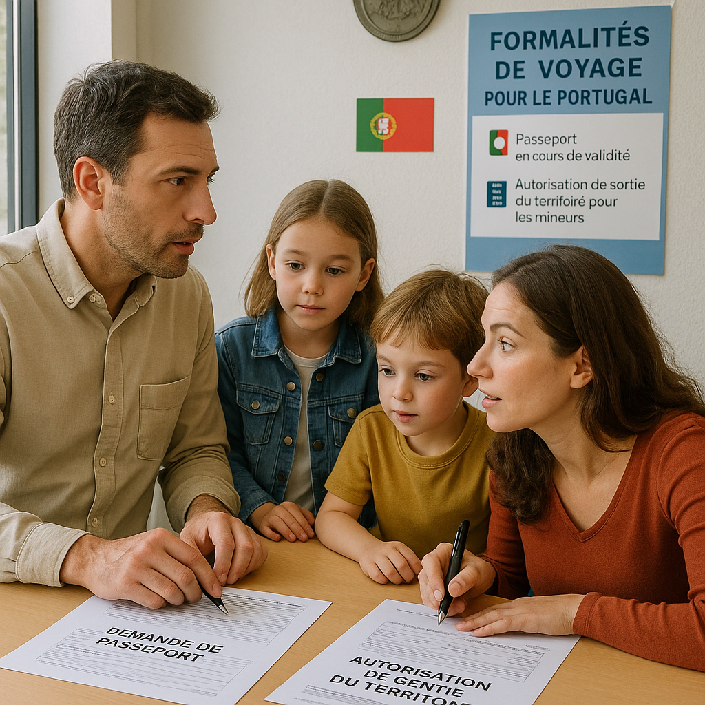 Famille à une ambassade remplissant des documents pour un voyage au Portugal.