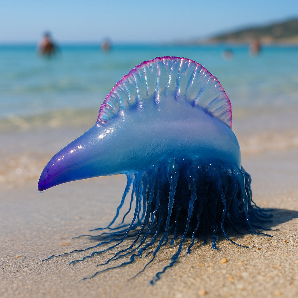 Zoom sur une galère portugaise dans l'eau claire d'une plage méditerranéenne.