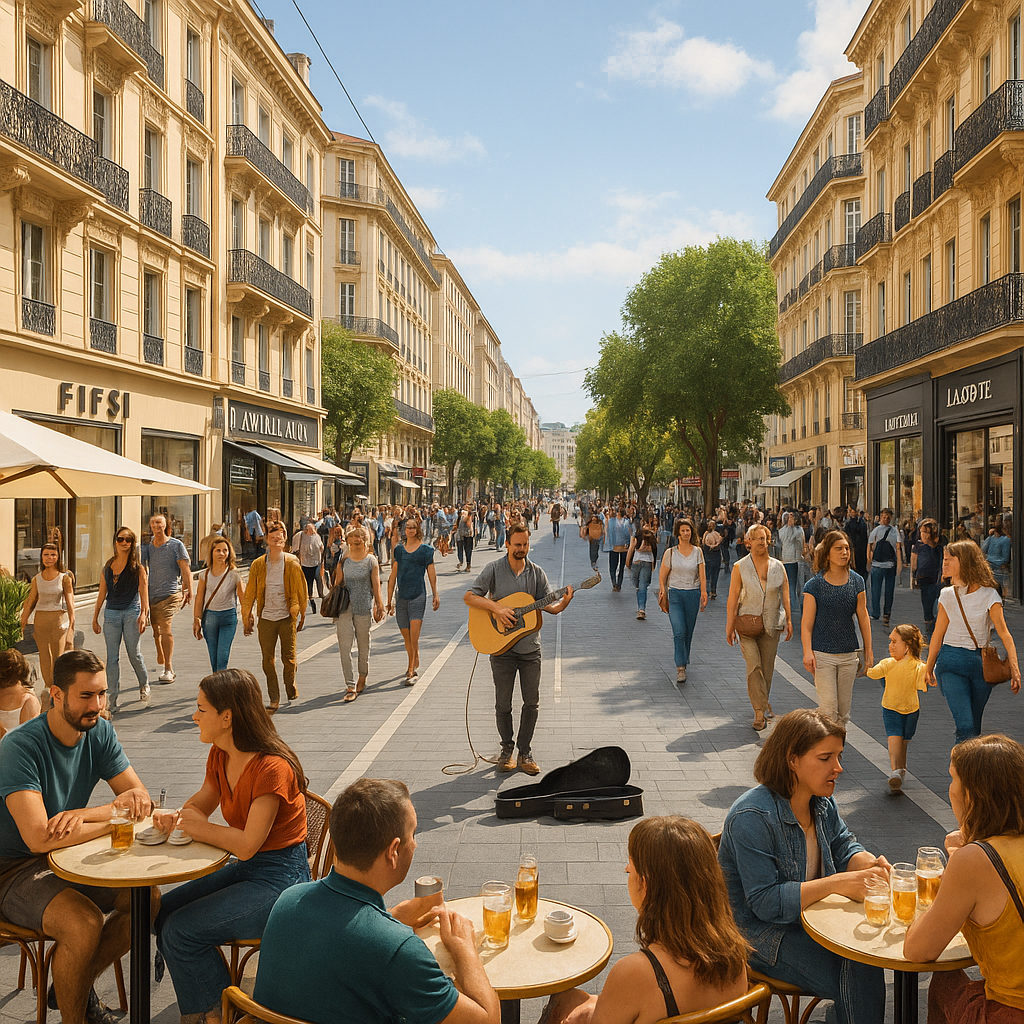 Vue animée du quartier Gambetta à Nice avec passants, boutiques et le Jardin Albert I.