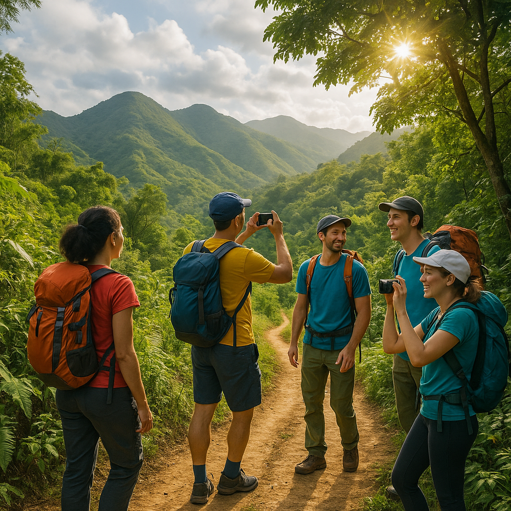 Randonneurs sur un sentier à Ganere, mettant en valeur les paysages verdoyants et la beauté naturelle des montagnes d'Haïti.