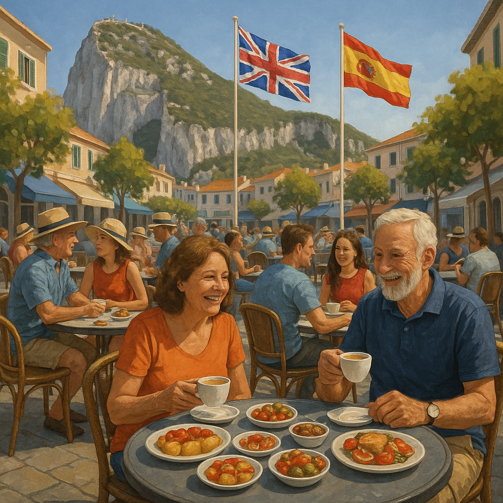 Scène d'un café typique à Gibraltar avec des habitants et touristes autour de tables, le rocher de Gibraltar en arrière-plan.