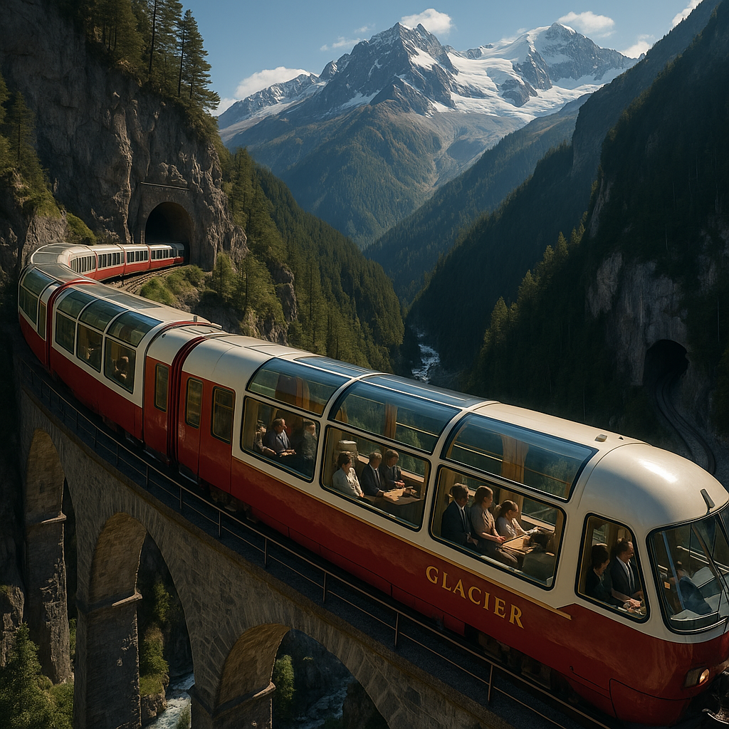 Le Glacier Express traversant les Alpes suisses avec des paysages grandioses en arrière-plan.