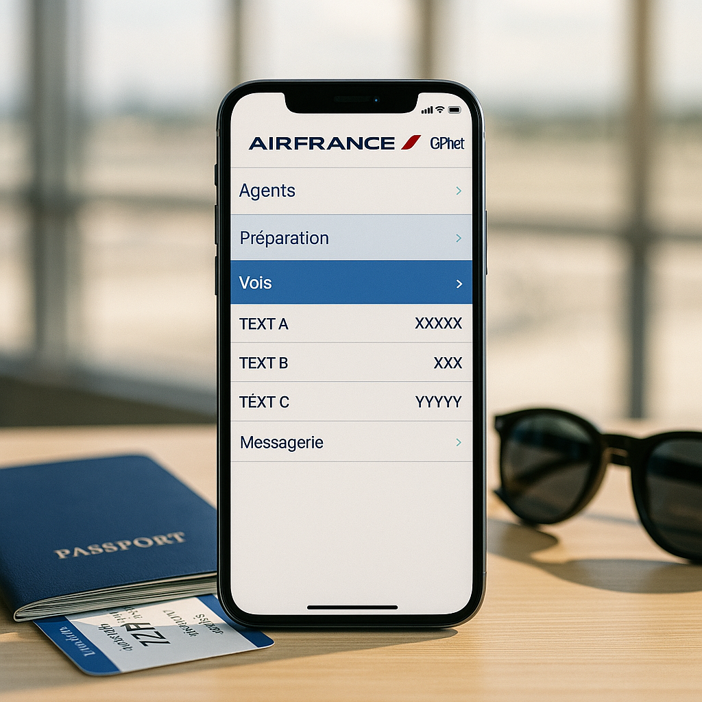 Smartphone affichant l'application Air France avec des éléments de voyage autour sur une table.