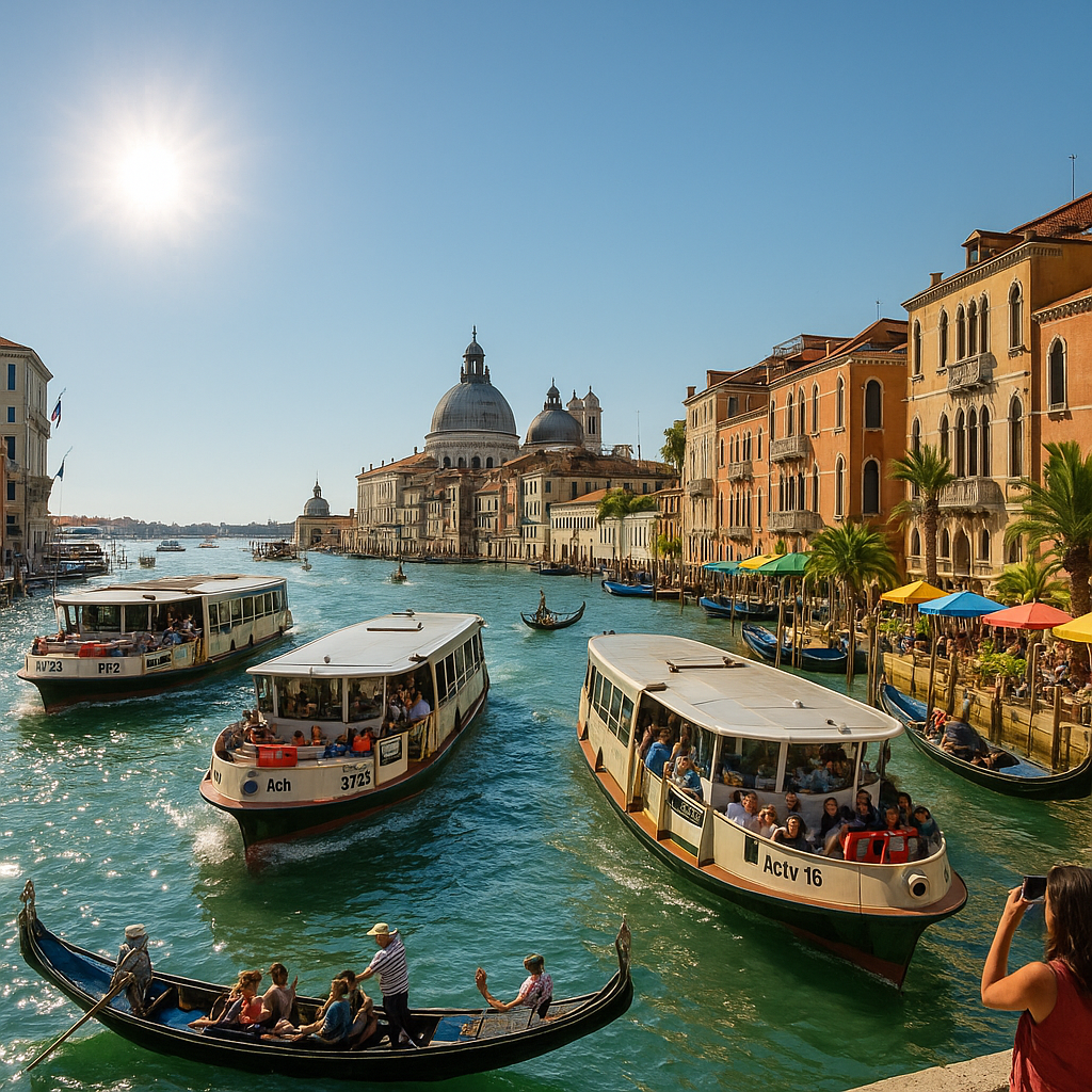 Vue panoramique du Grand Canal à Venise avec des vaporetto et des gondoles, reflétant l'architecture vénitienne.
